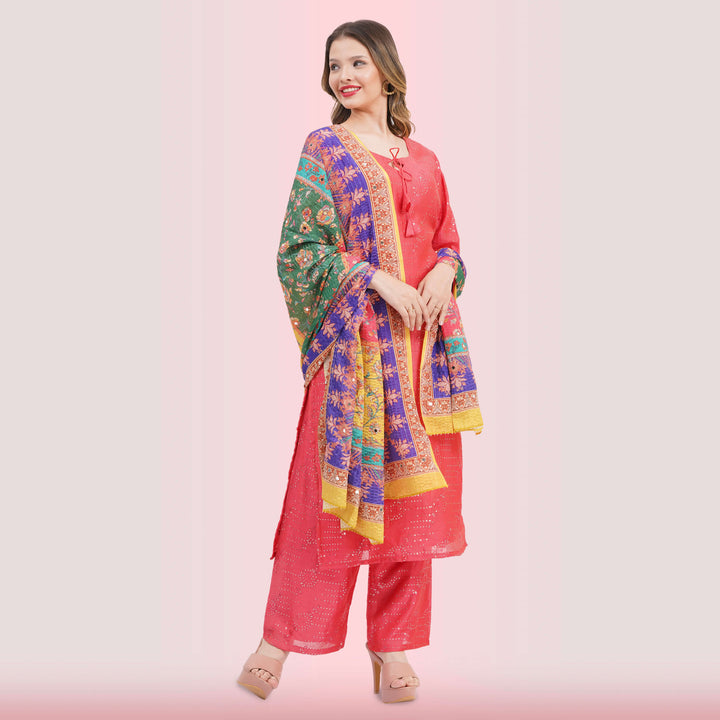 Coral Salwar Suit & Vibrant Print Dupatta from Chiro's By Jigyasa