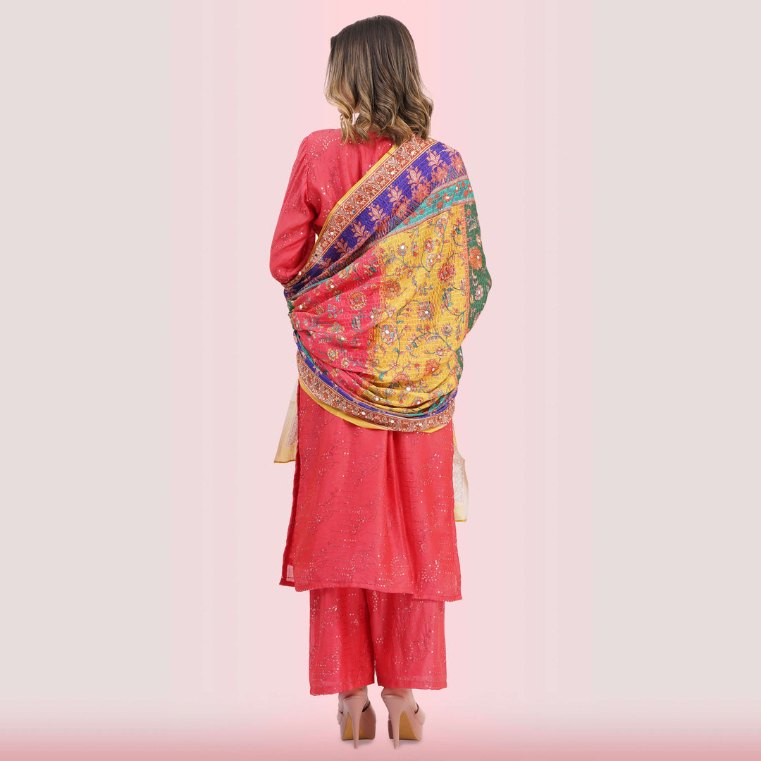 Coral Salwar Suit & Vibrant Print Dupatta from Chiro's By Jigyasa