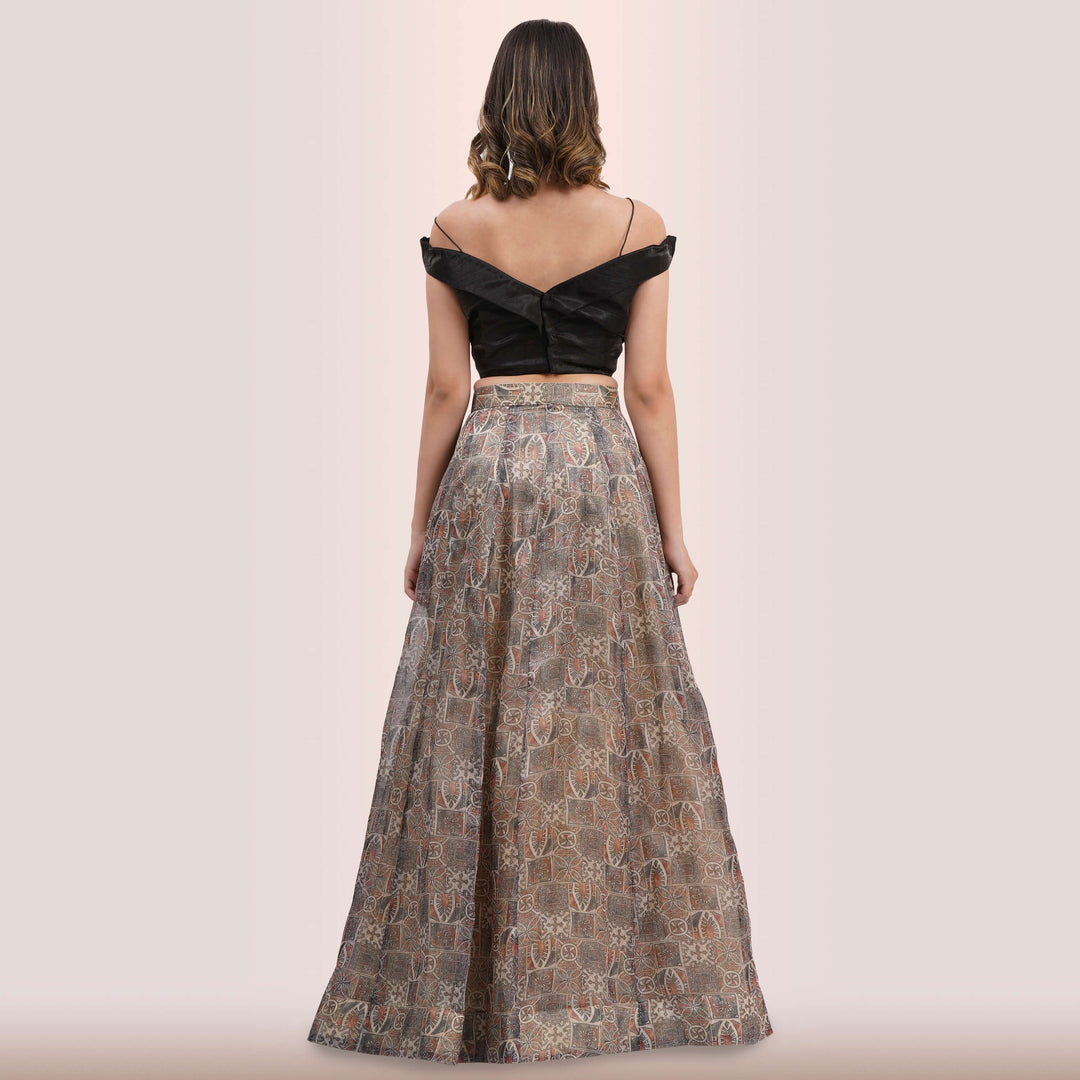 Contemporary Charcoal & Muted Print Lehenga Choli Set