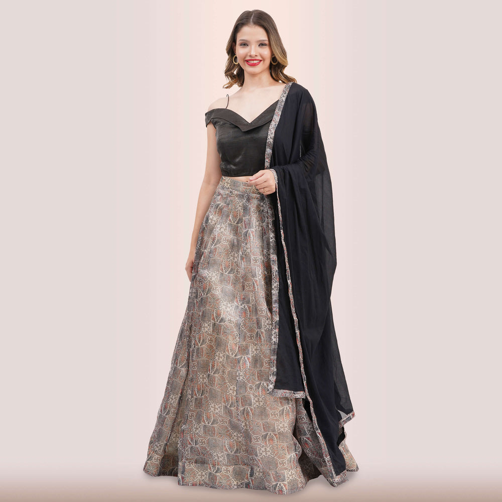 Contemporary Charcoal & Muted Print Lehenga Choli Set