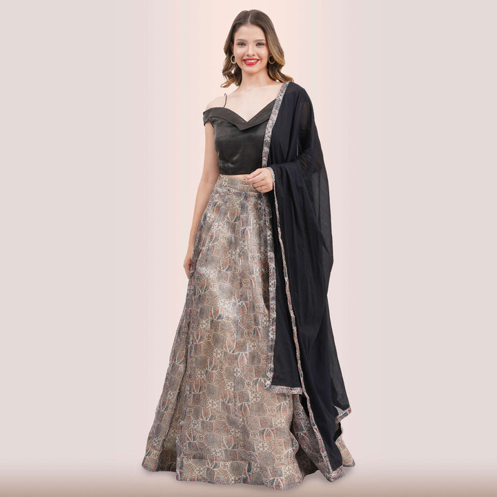 Contemporary Charcoal & Muted Print Lehenga Choli Set