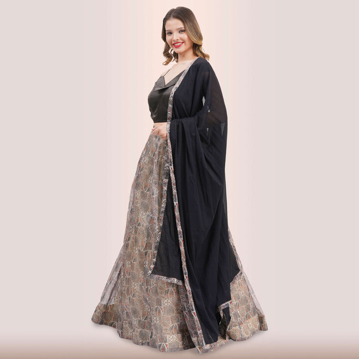 Contemporary Charcoal & Muted Print Lehenga Choli Set