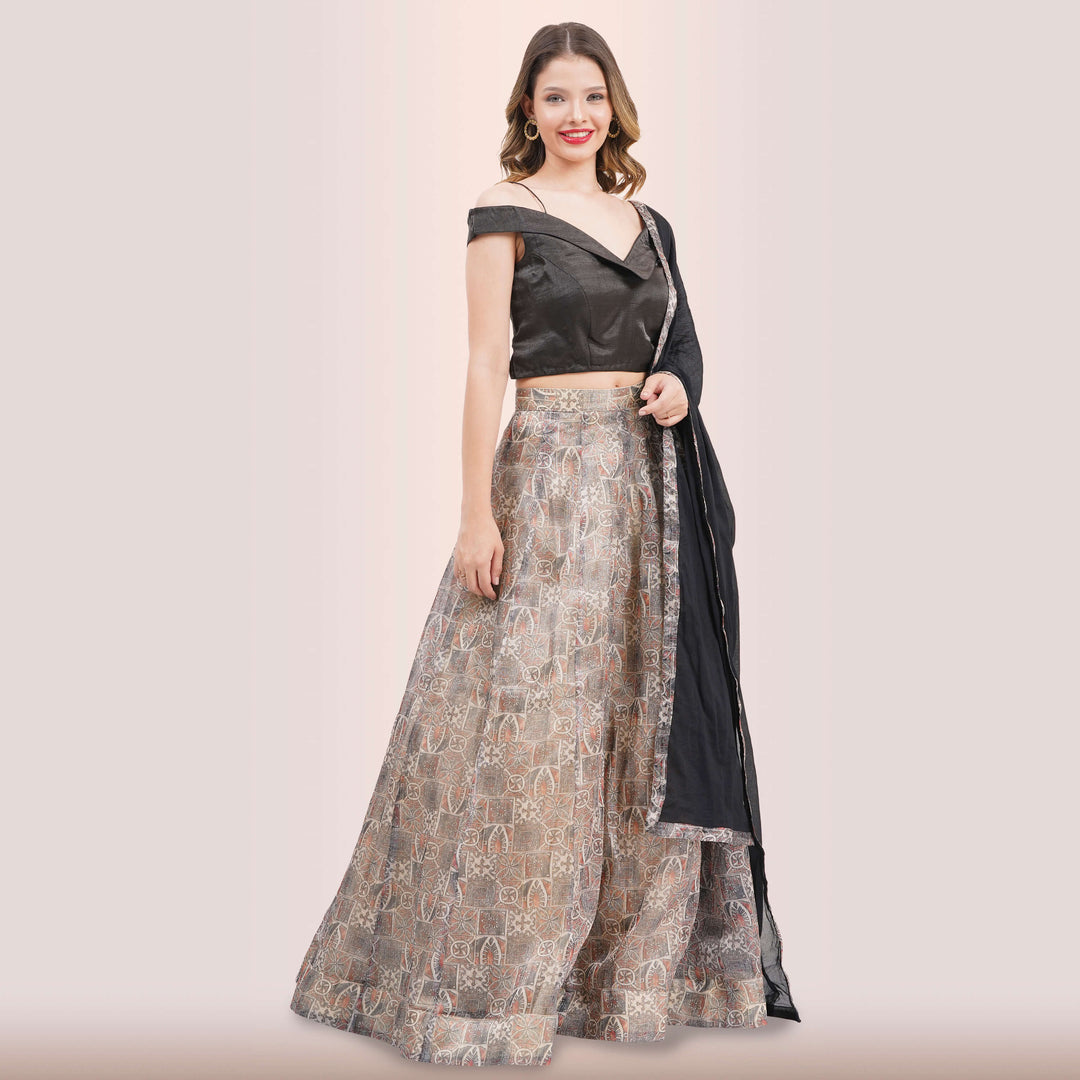 Contemporary Charcoal & Muted Print Lehenga Choli Set