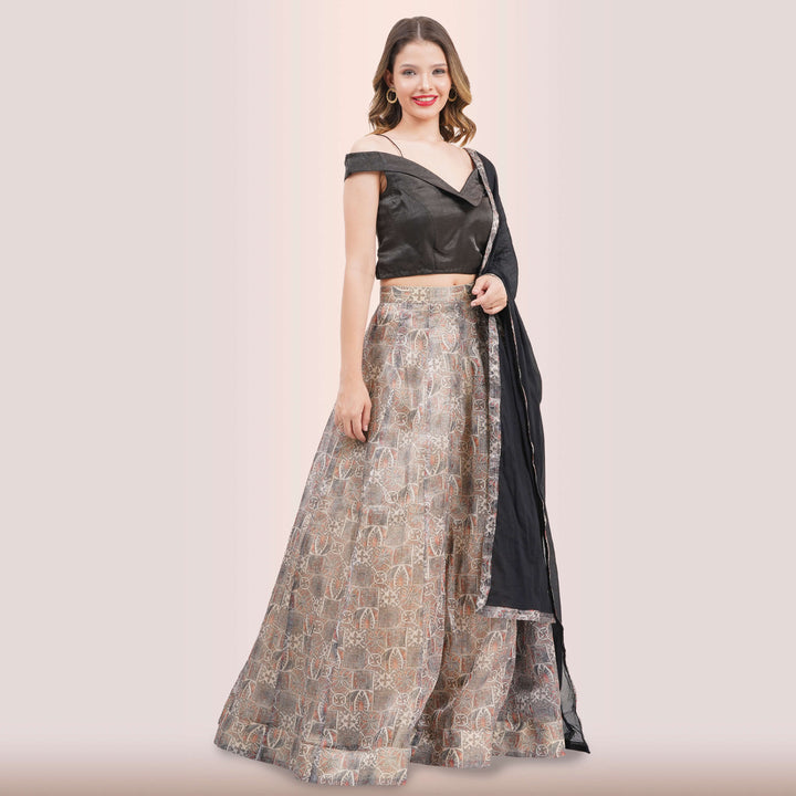 Contemporary Charcoal & Muted Print Lehenga Choli Set