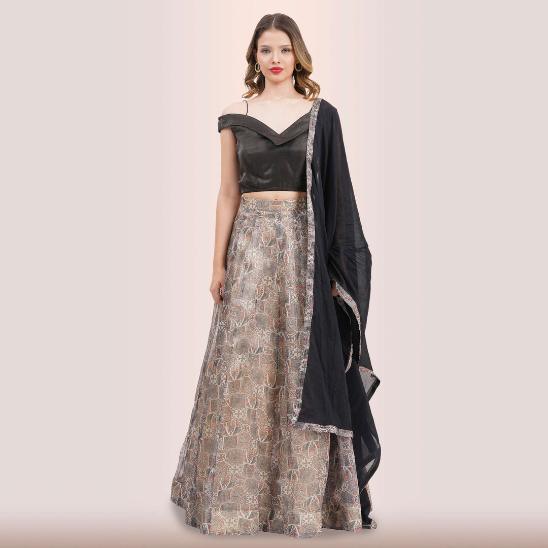 Contemporary Charcoal & Muted Print Lehenga Choli Set