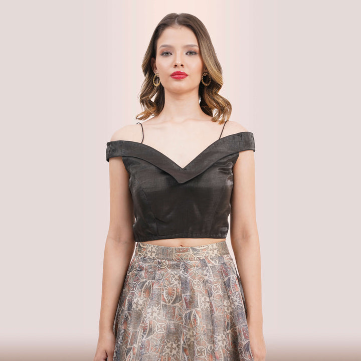 Contemporary Charcoal & Muted Print Lehenga Choli Set