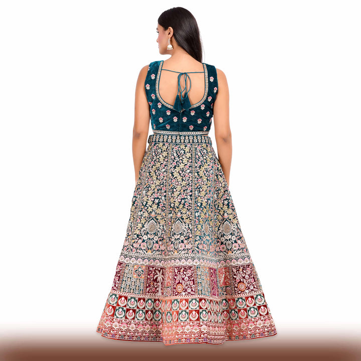 Exquisite Velvet Wedding Lehenga in Green-Red Ombre