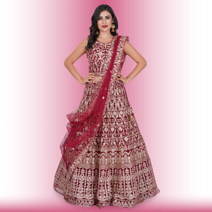 Heavy Embroidery Georgette Lehenga - Red