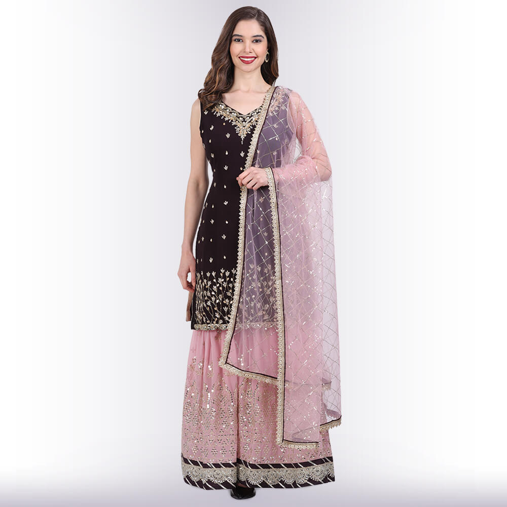 Hand embroidered Sharara Suit with Contrast pants - Purple
