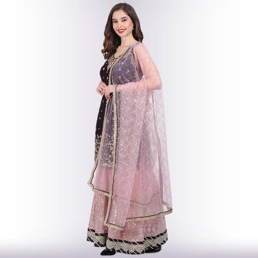 Hand embroidered Sharara Suit with Contrast pants - Purple