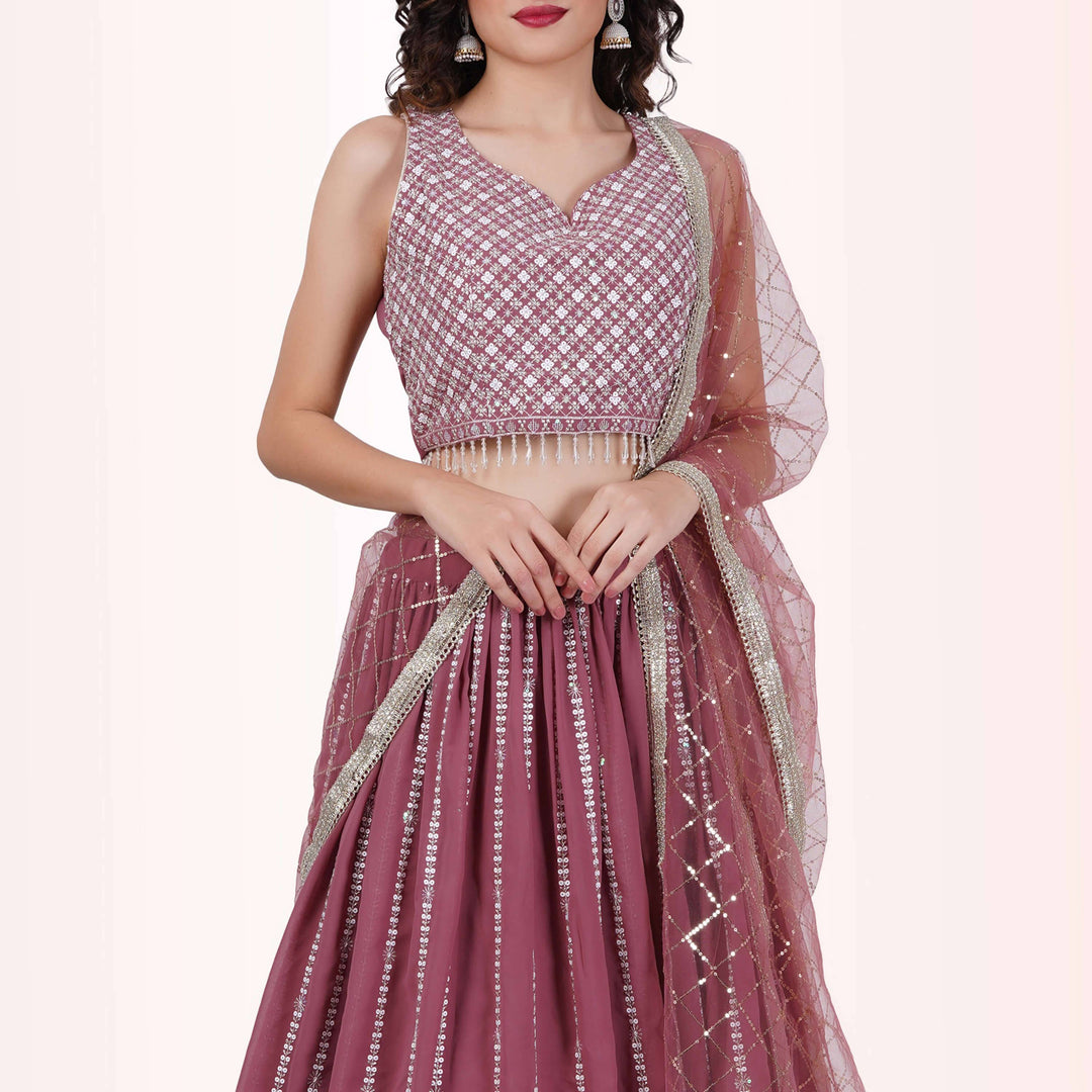 Lehenga Choli With White Sequin - Cannon Pink