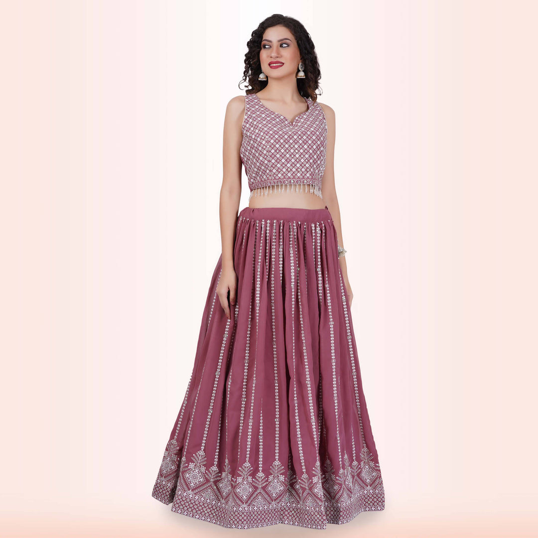 Lehenga Choli With White Sequin - Cannon Pink