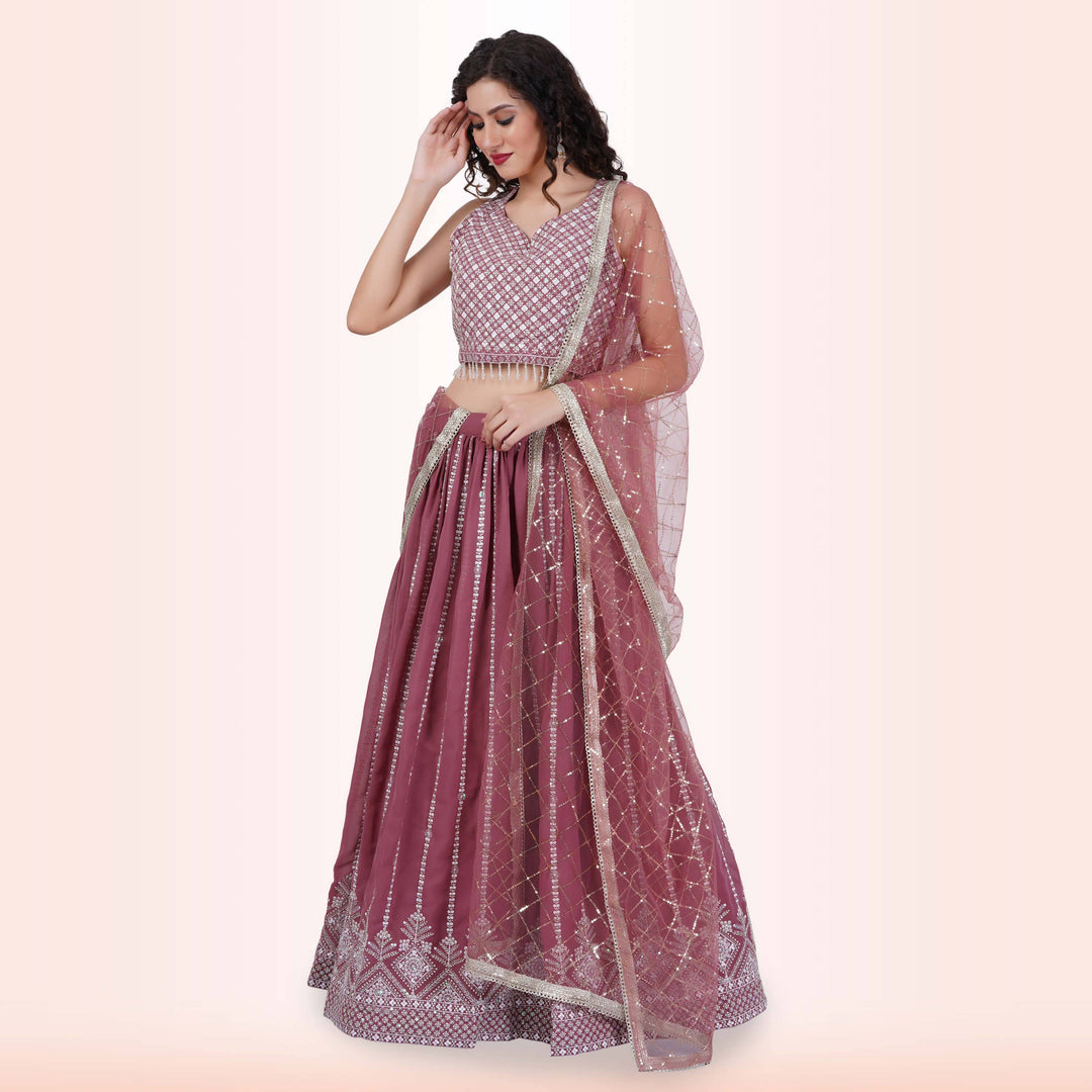 Lehenga Choli With White Sequin - Cannon Pink