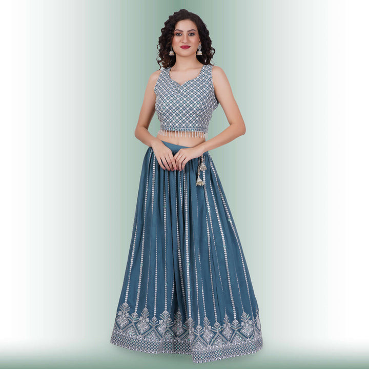 Lehenga Choli With White Sequin - Teal