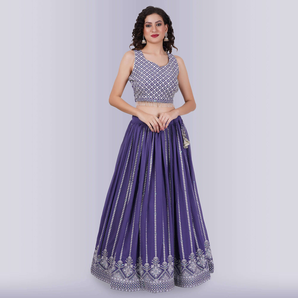 Lehenga Choli With White Sequin - Purple - Chiro's By Jigyasa