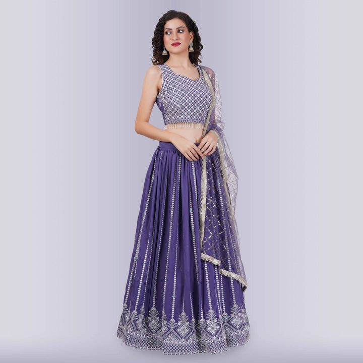 Lehenga Choli With White Sequin - Purple