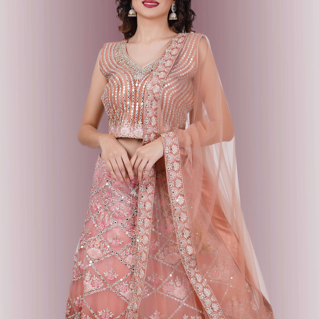 Mirror Work Lehenga in Ombre Biege