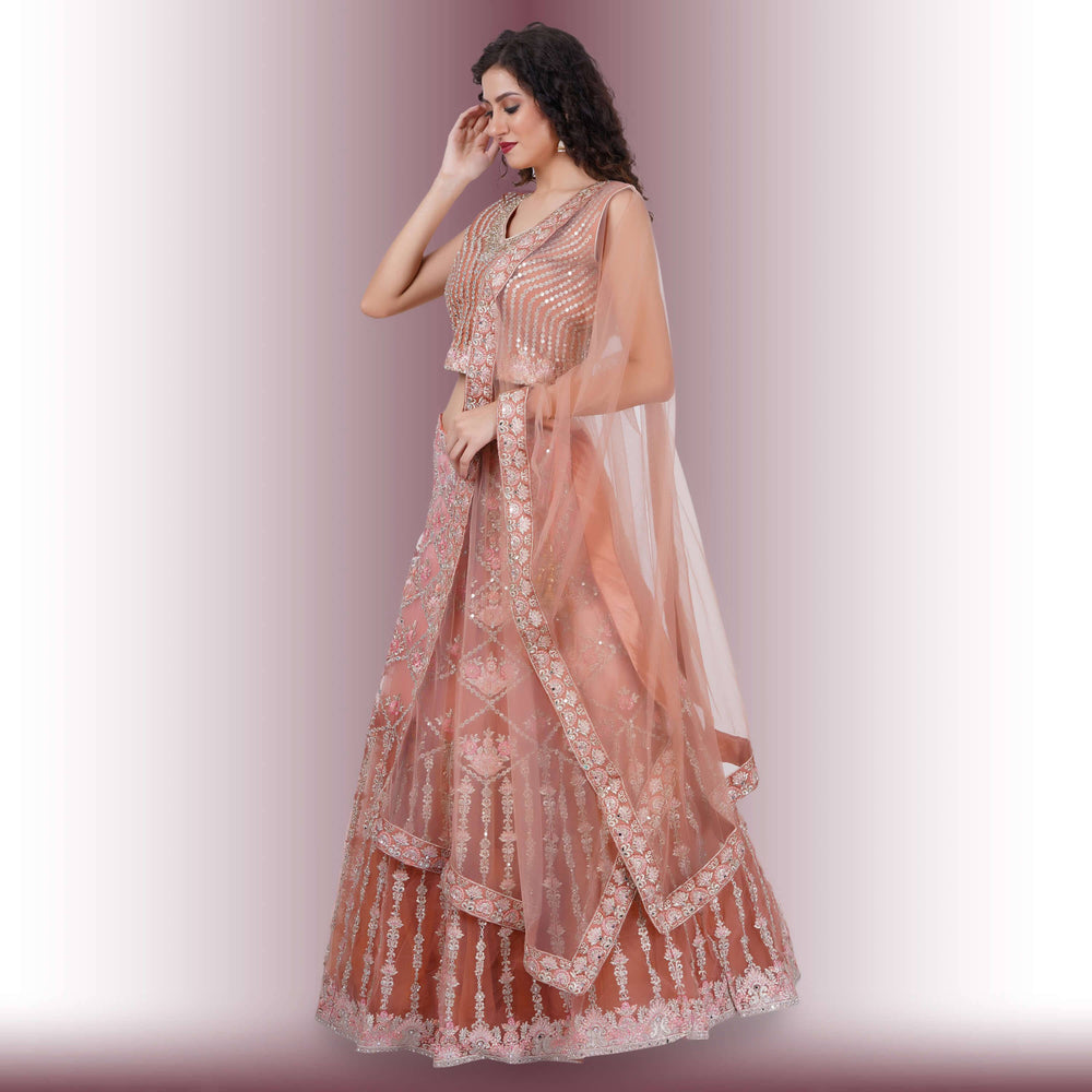 Mirror Work Lehenga in Ombre Biege