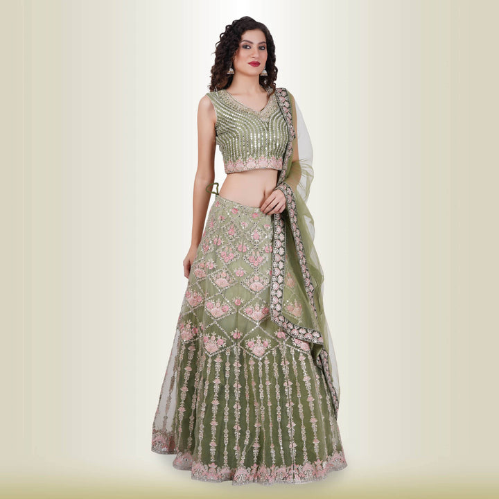 Mirror Work lehenga in Ombre Green