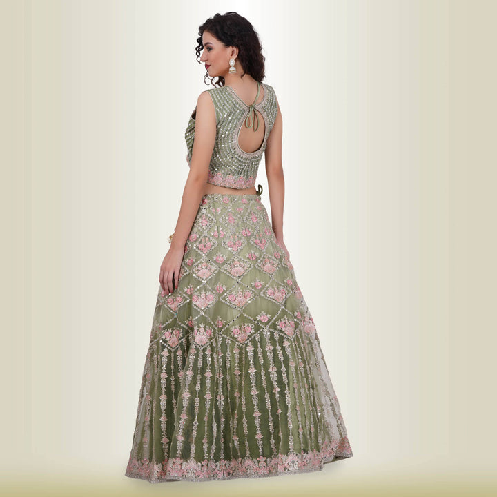 Mirror Work lehenga in Ombre Green