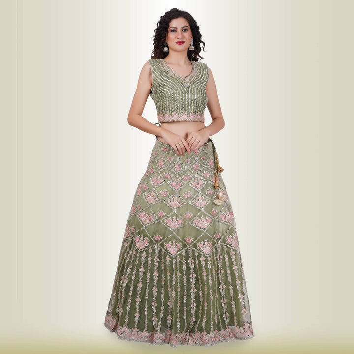 Mirror Work lehenga in Ombre Green