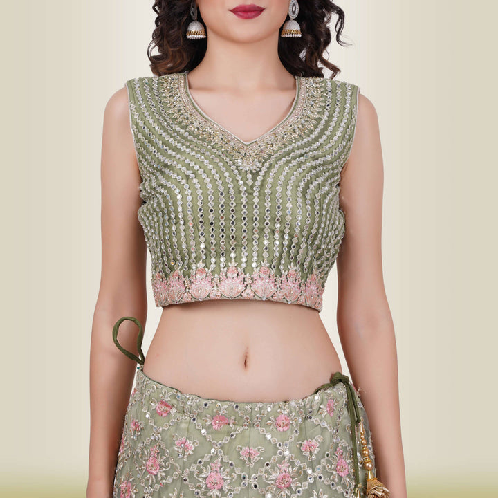 Mirror Work lehenga in Ombre Green