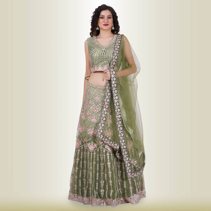 Mirror Work lehenga in Ombre Green