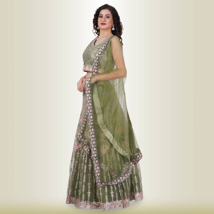 Mirror Work lehenga in Ombre Green