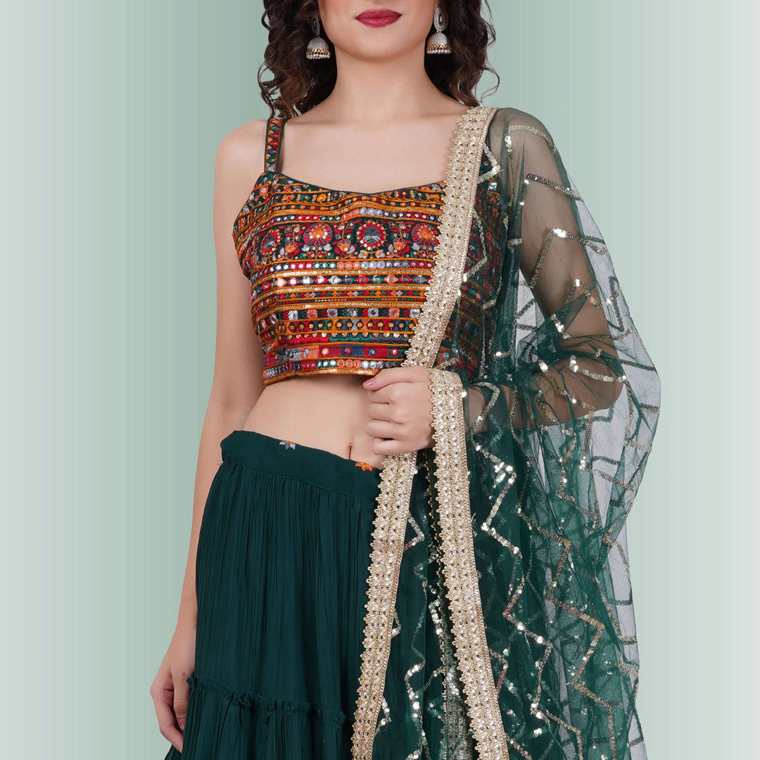 Navratri Chania Choli with spaghetti blouse - Green