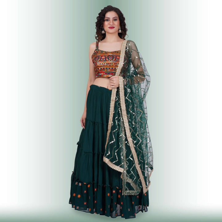 Navratri Chania Choli with spaghetti blouse - Green