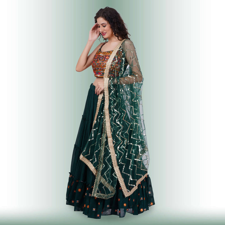 Navratri Chania Choli with spaghetti blouse - Green