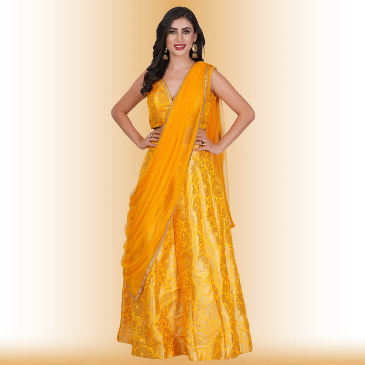 Party Wear brocade lehenga - Yellow