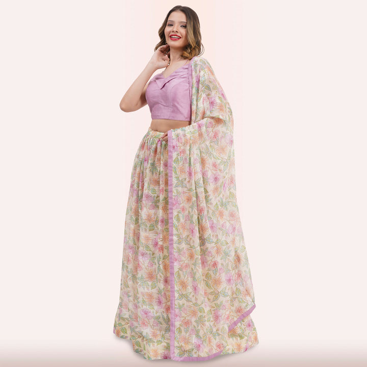 Pastel Floral Lehenga Choli Set - Off-Shoulder Blouse