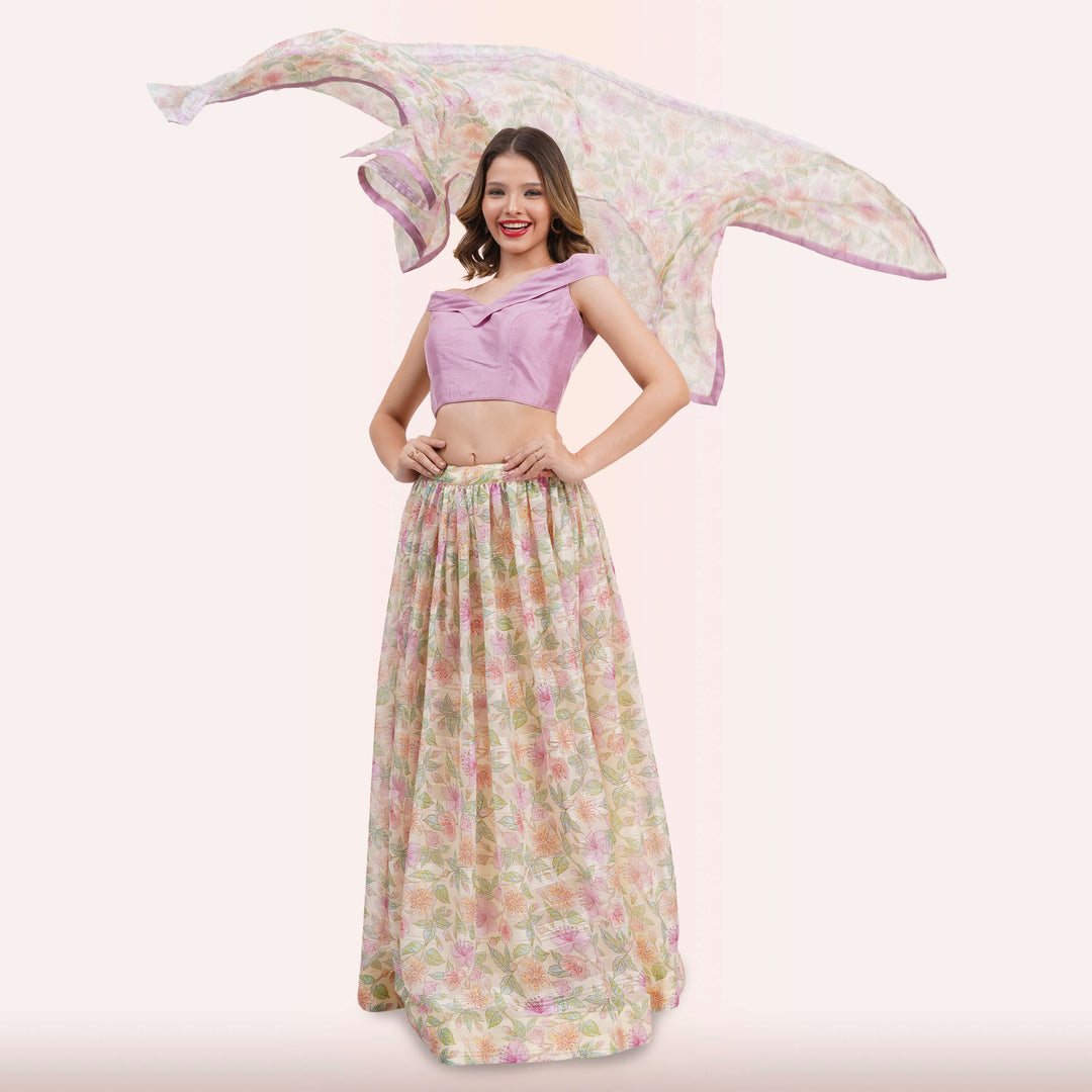 Pastel Floral Lehenga Choli Set - Off-Shoulder Blouse