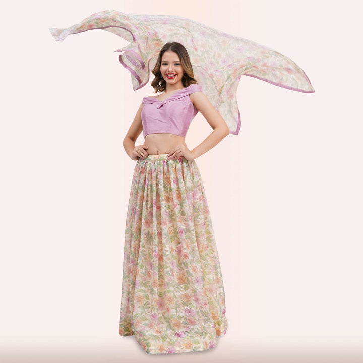Pastel Floral Lehenga Choli Set - Off-Shoulder Blouse