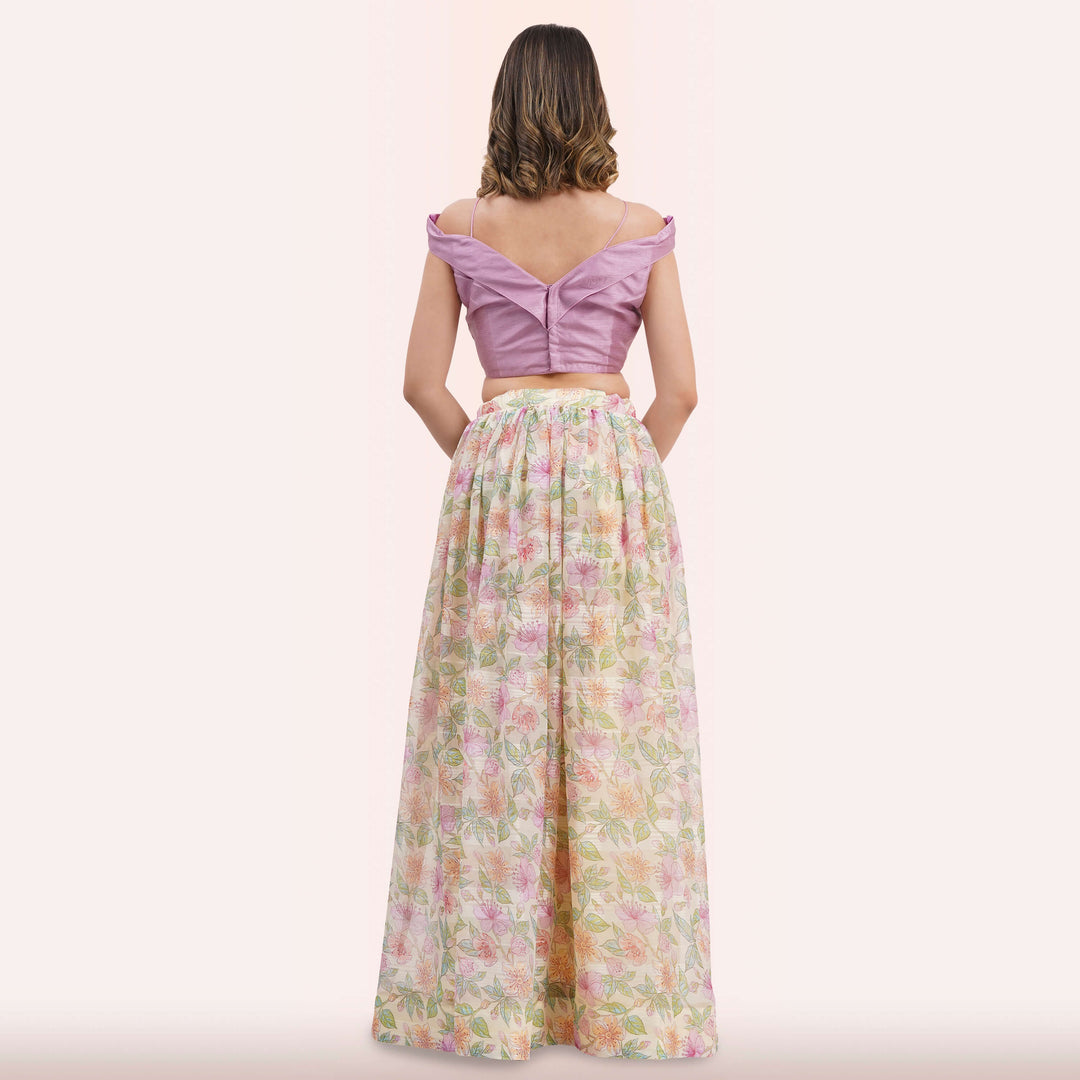 Pastel Floral Lehenga Choli Set - Off-Shoulder Blouse