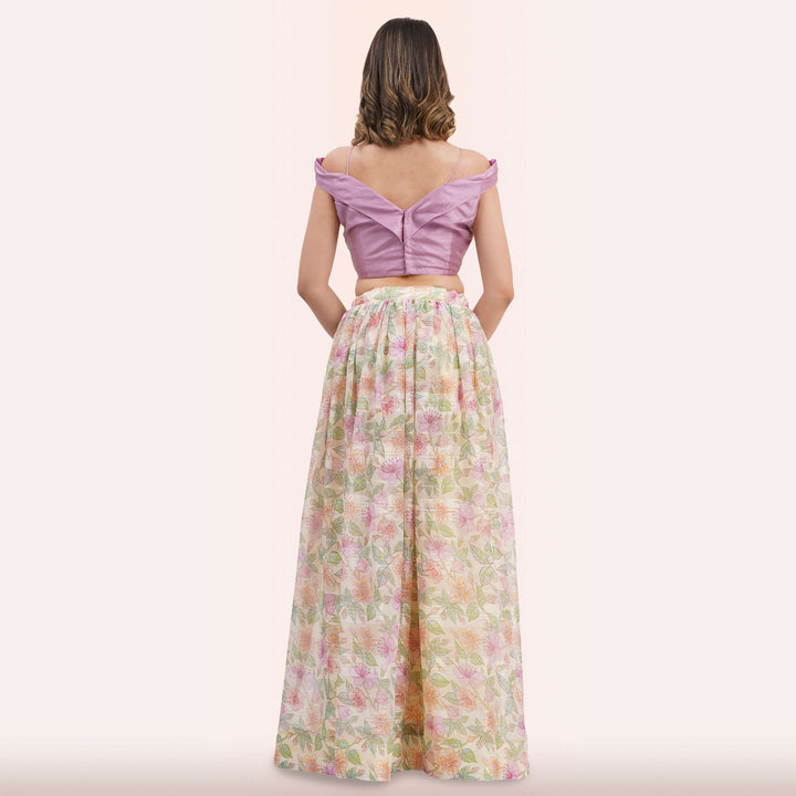 Pastel Floral Lehenga Choli Set - Off-Shoulder Blouse