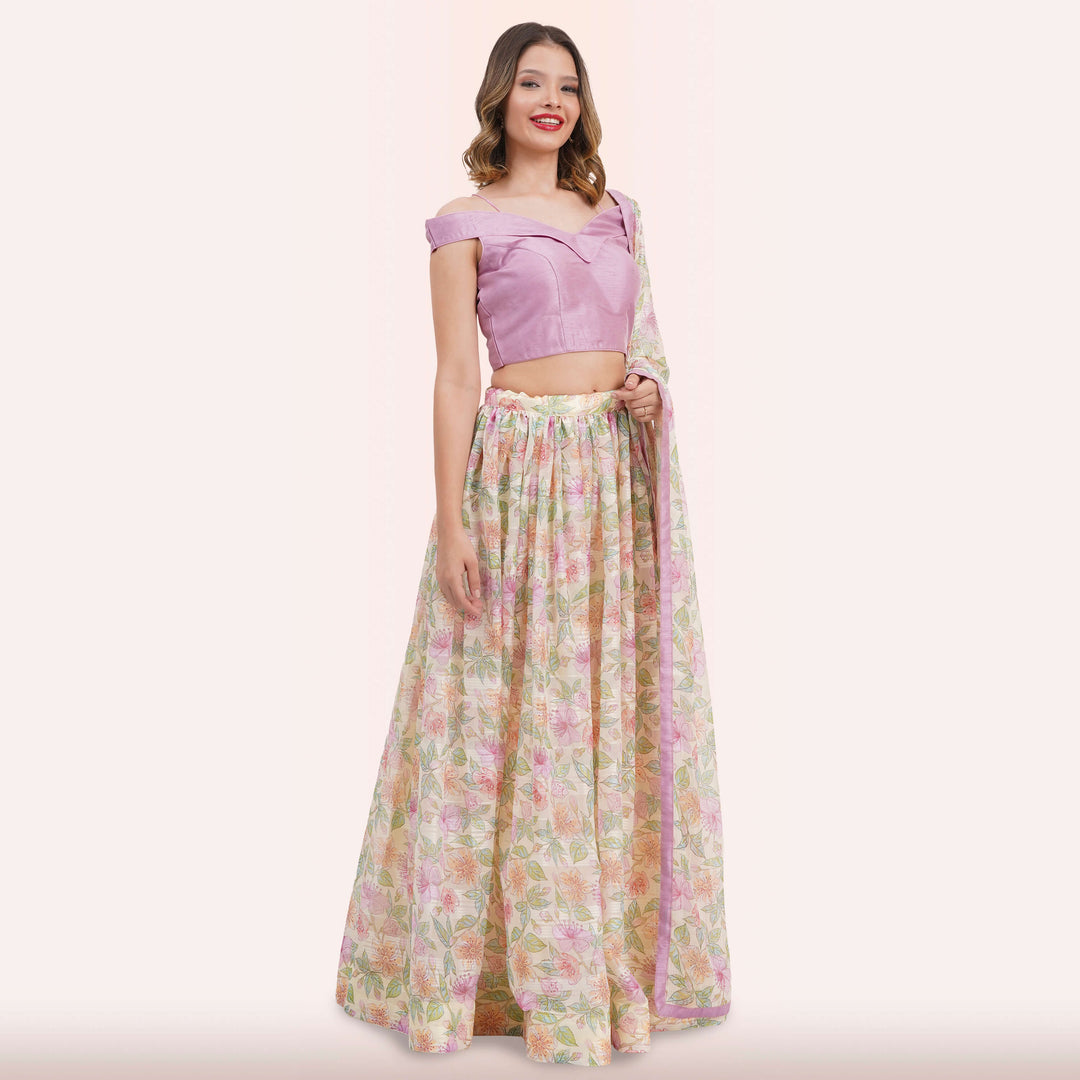 Pastel Floral Lehenga Choli Set - Off-Shoulder Blouse