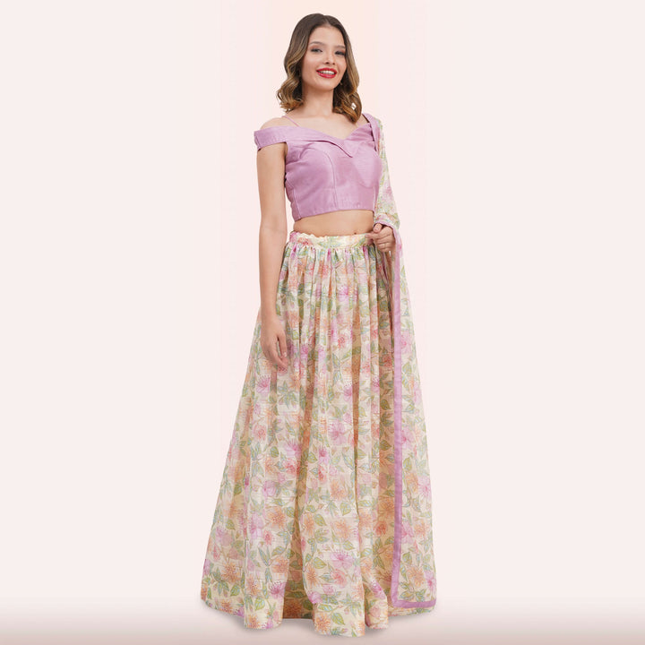 Pastel Floral Lehenga Choli Set - Off-Shoulder Blouse