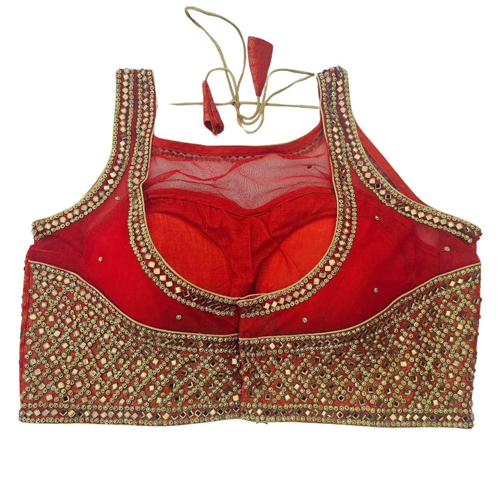 Mirror and Stonework Saree Blouse - Red