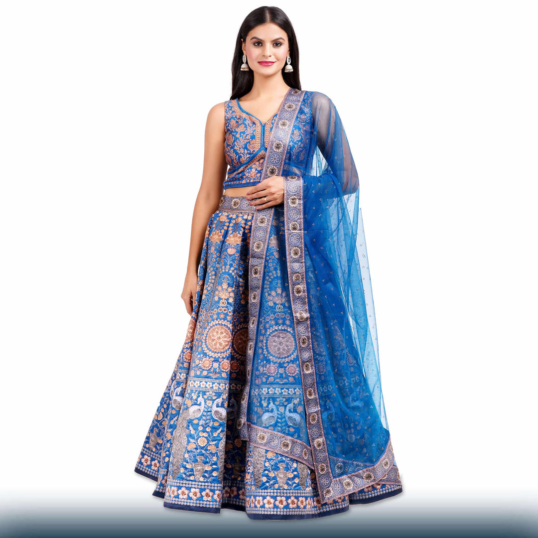 Royal Blue Silk Lehenga with Gold Stone Work - Chiro's By Jigyasa
