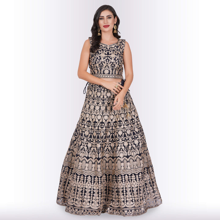 Silk Lehenga with Exquisite Gold Embroidery : Navy Blue