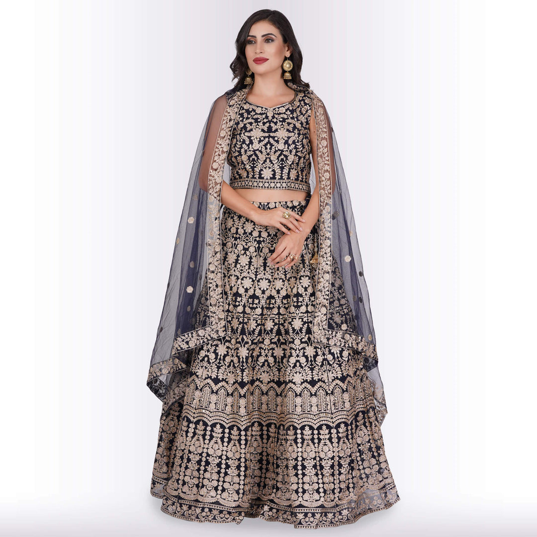 Silk Lehenga with Exquisite Gold Embroidery : Navy Blue