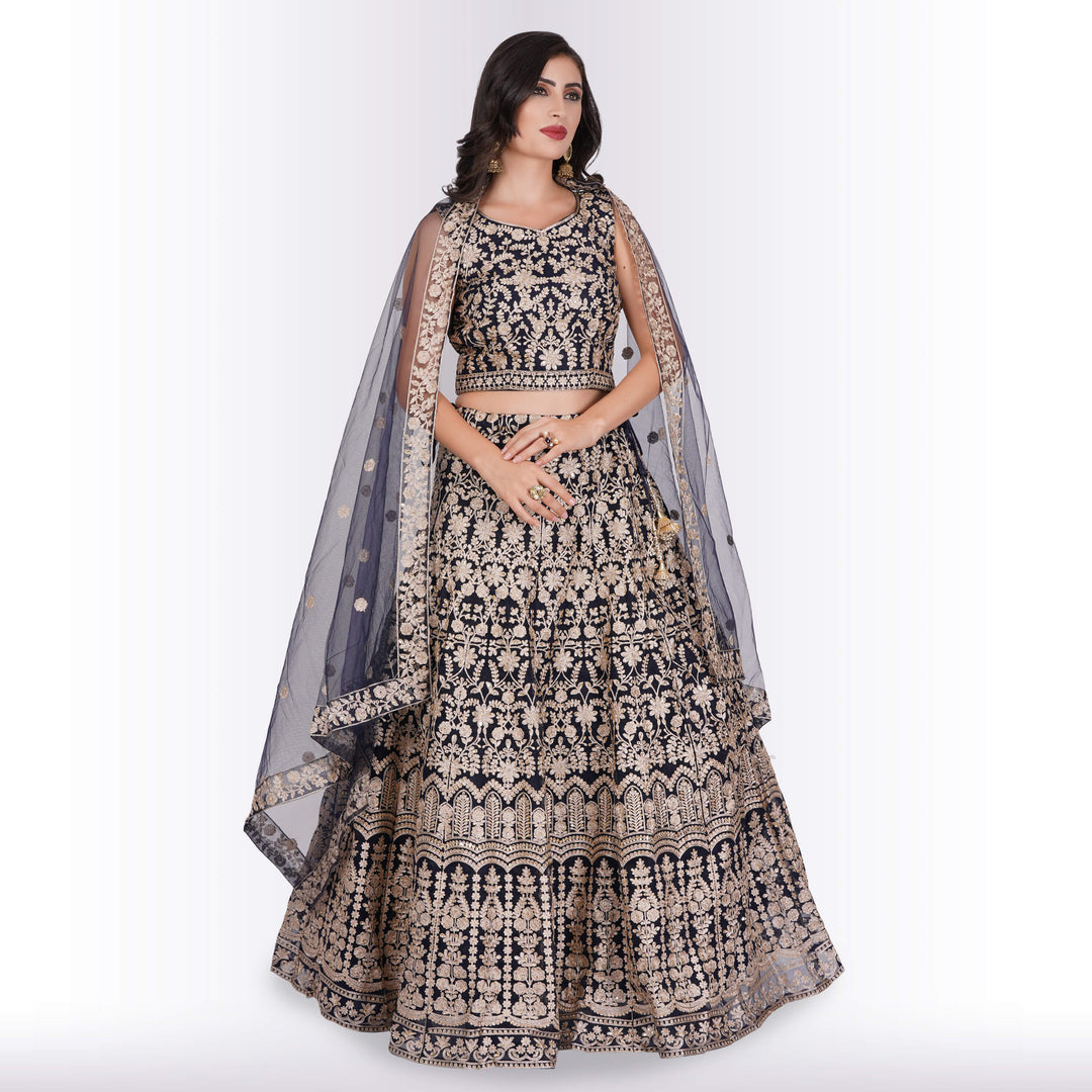Silk Lehenga with Exquisite Gold Embroidery : Navy Blue