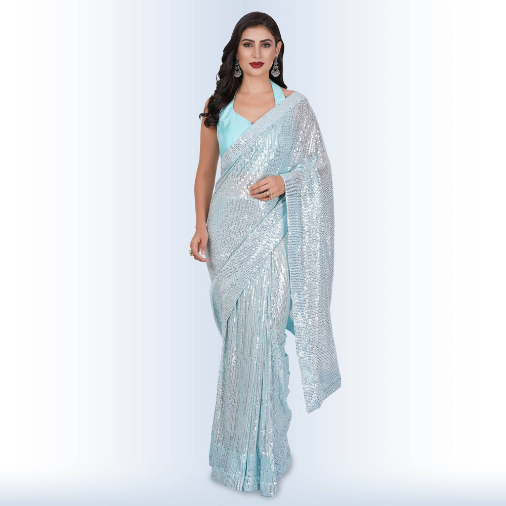 1 Minute Sequin Saree - Baby Blue