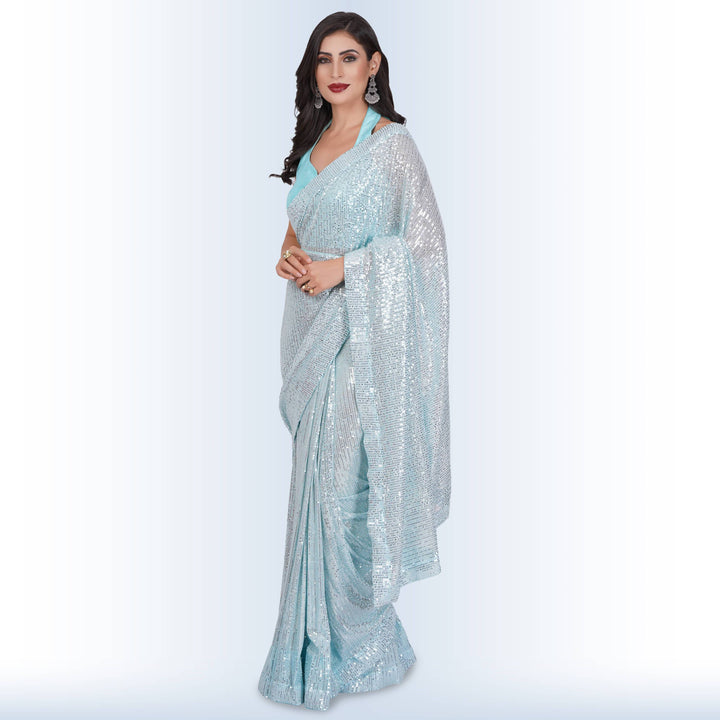 1 Minute Sequin Saree - Baby Blue