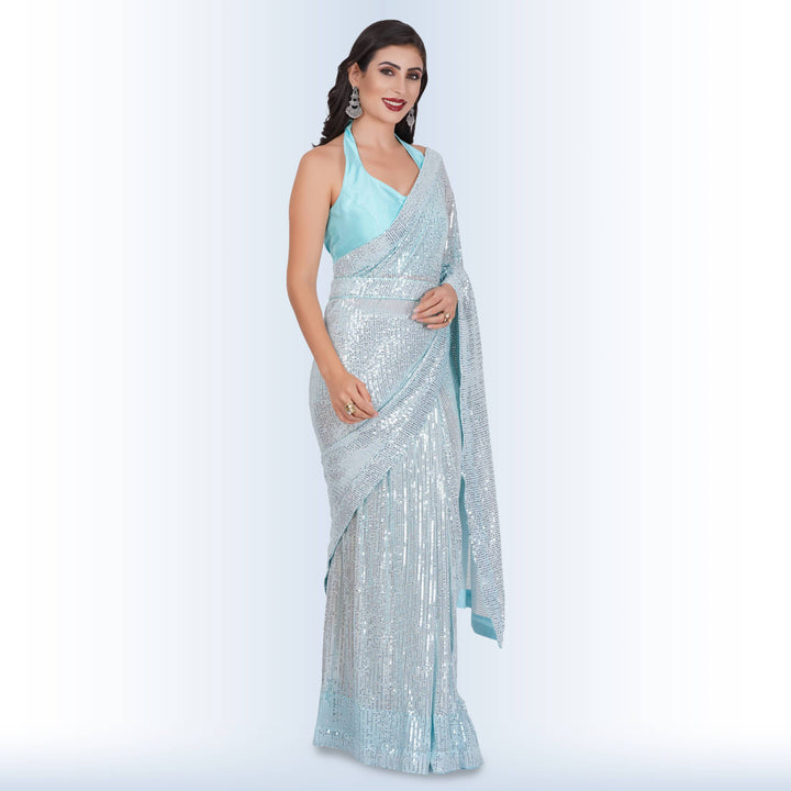 1 Minute Sequin Saree - Baby Blue