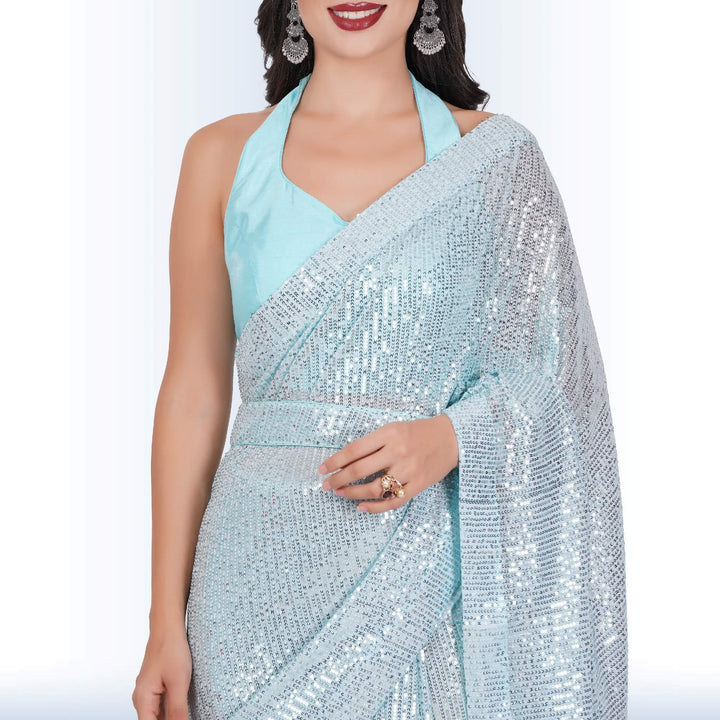 1 Minute Sequin Saree - Baby Blue