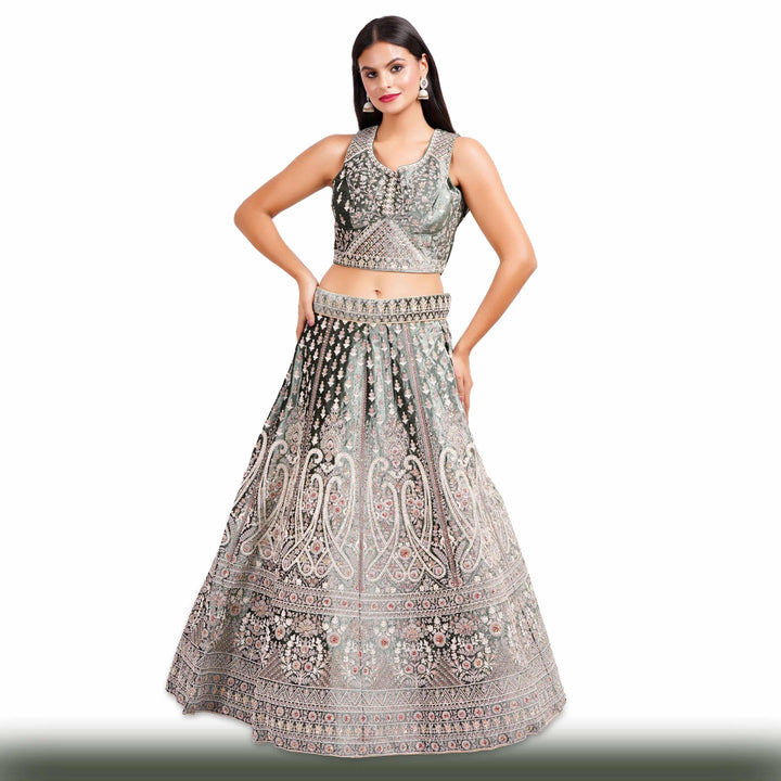 Dark Green Lehenga in Velvet Fabric