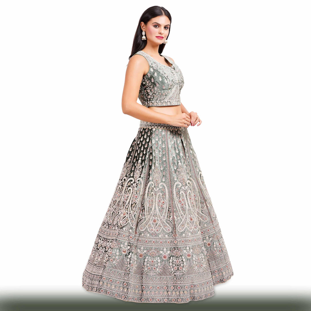 Dark Green Lehenga in Velvet Fabric